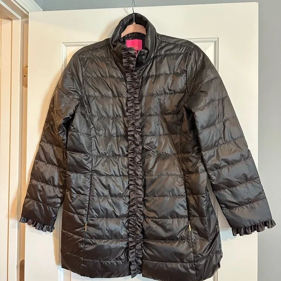 Lilly Pulitzer black ruffle Doria, puffer coat, 8 - Picture 2 of 6